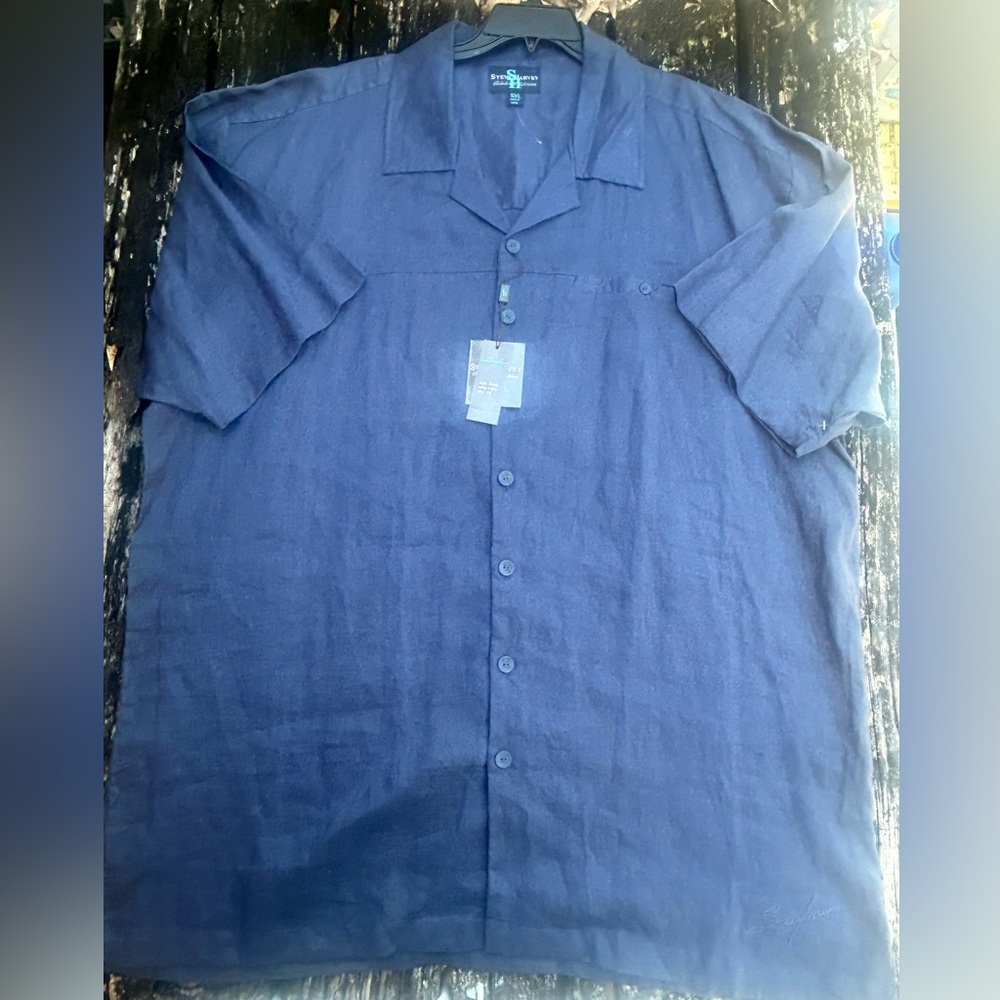 NWT Steve Harvey Celebrity Edition 100% Linen Big & Tall 5XL Navy Blue Shirt G6 - Picture 2 of 9